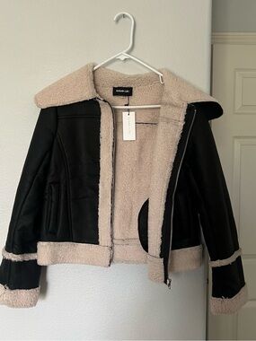 Sugarlips Black Faux Leather Jacket with Cream Sherpa Trim